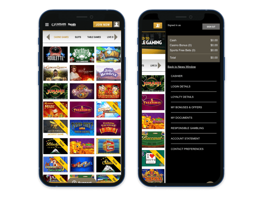caesars casino slider app usability