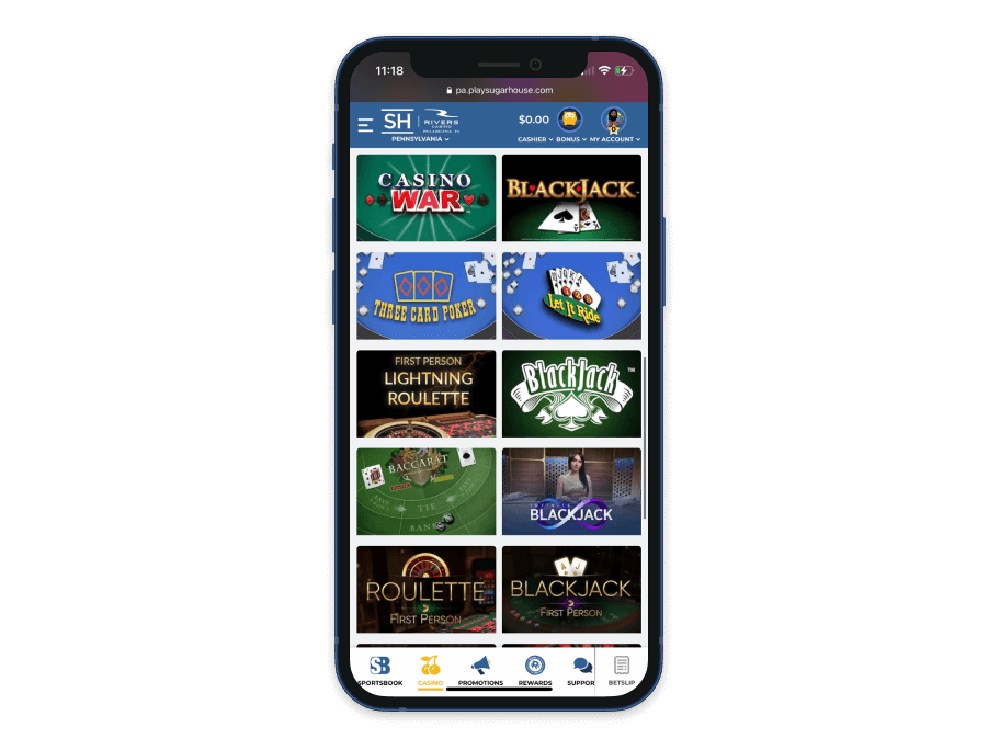 sugarhouse casino screenshot main menu 2