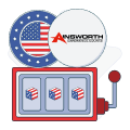 ainsworth logo with us flag and slot machine graphic