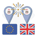 pinpoint symbol over eu and uk flags