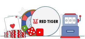 red tiger logo with casino games symbols