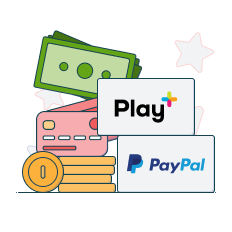 play+, paypal and credit card logos