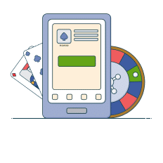 mobile phone with roulette wheel and card graphics