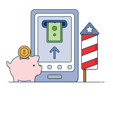 mobile phone with piggy bank and firework rocket graphic