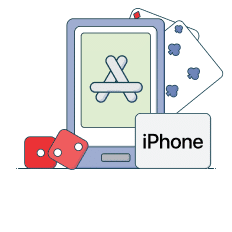 mobile phone with app store and iphone logo between dices and cards graphic