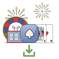 casino app icon next to roulette wheel and deck of cards graphic