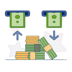 banknotes entering and coming out above cash and coins graphic
