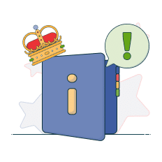 info book next to a crown and exclamation point graphicand