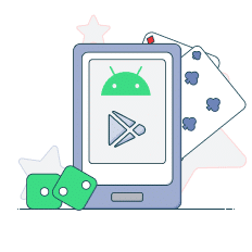 mobile phone with android and google play logo between cards and dice