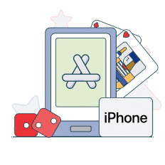 mobile phone with app store logo between cards and iphone logo