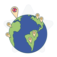 globe with multiple pinpoints and one a pin point with uk flag