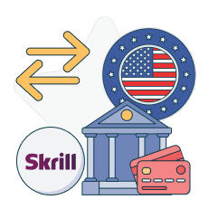 us flag above bank building and skrill logo
