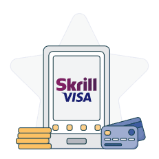 mobile phone showing visa and skrill logo next to credit cards and coins