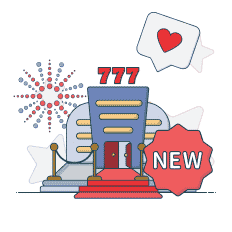 casino building next to text showing new and a heart inside a comment bubble