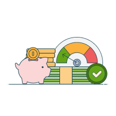 piggy bank next to money and arrow pointing at min level