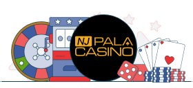 pala logo between roulette wheel and cards and dices