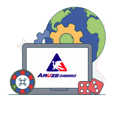 laptop screen showing aruze gaming logo in front of globe