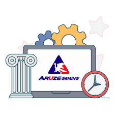 laptop screen showing aruze gaming logo between clock and pillar