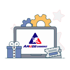 lap top screen showing aruze gaming logo between gift box and coupons