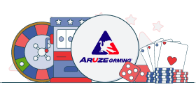 aruze gaming logo between slot machine and cards and dices