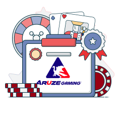 aruze gaming logo in front of roulette wheel and cards between chips