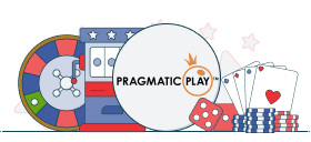 pragmatic play logo between slot machine and cards and dices